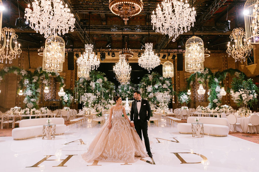 The newlywed couple in the transformed Plaza Ballroom in Melbourne, Australia.
