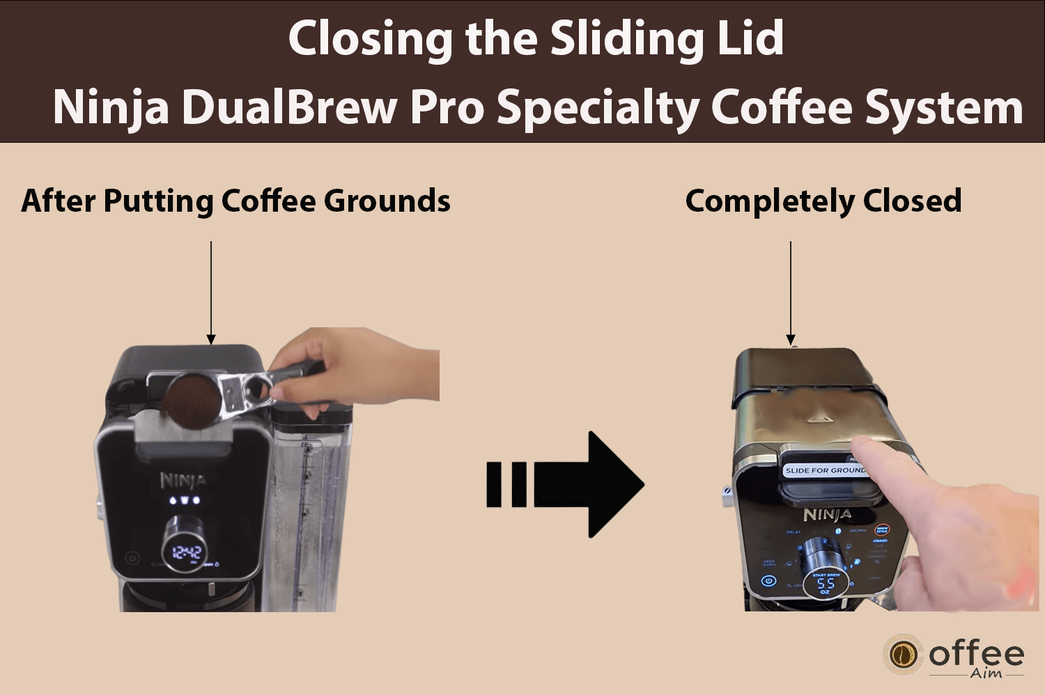 "This image illustrates the process of placing coffee grounds and subsequently closing the sliding lid on the Ninja DualBrew Pro Specialty Coffee System, as highlighted in the article 'How to Use Ninja DualBrew Pro Specialty Coffee System, Compatible with K-Cup Pods, and 12-Cup Drip Coffee Maker'."