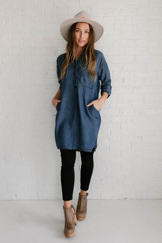 lady wearing black leggings under denim dress