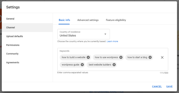 Adding location and keywords to YouTube channel