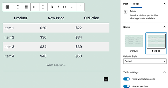 Bloco de tabela no editor do WordPress