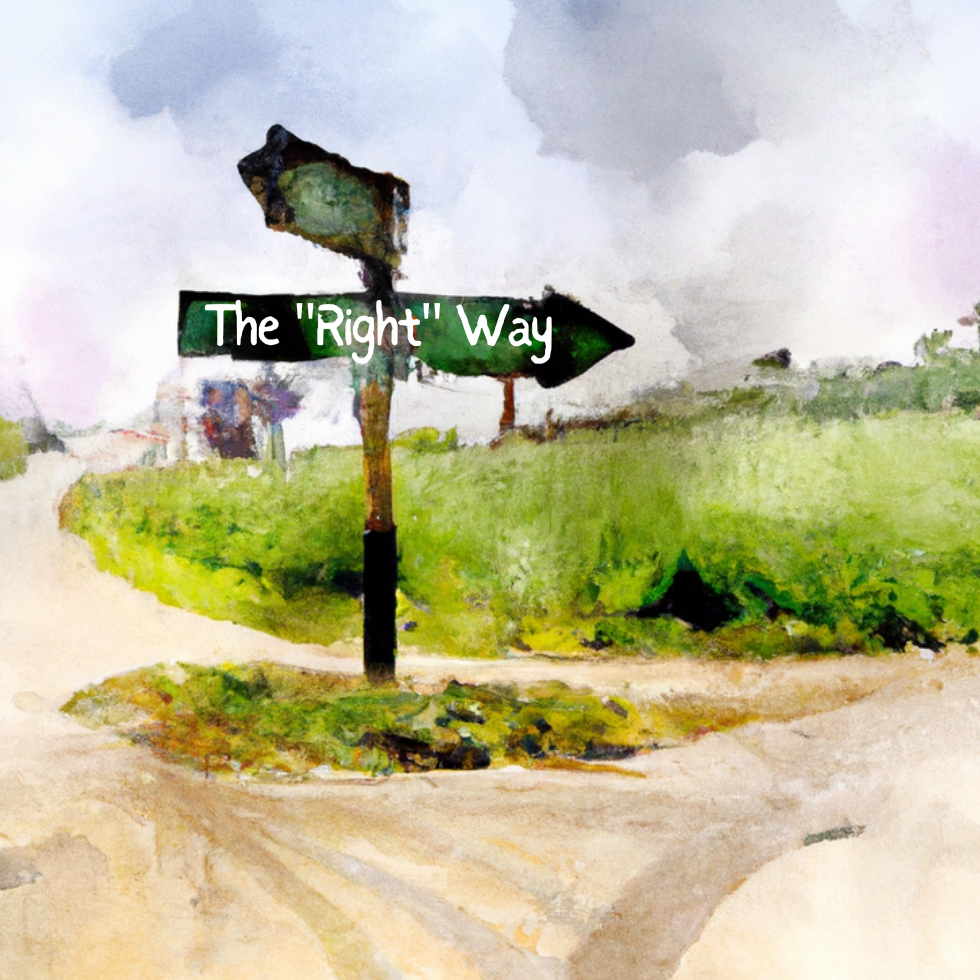 the "right" way  - fork in the road, two different paths with a signpost pointing to each, water color.
