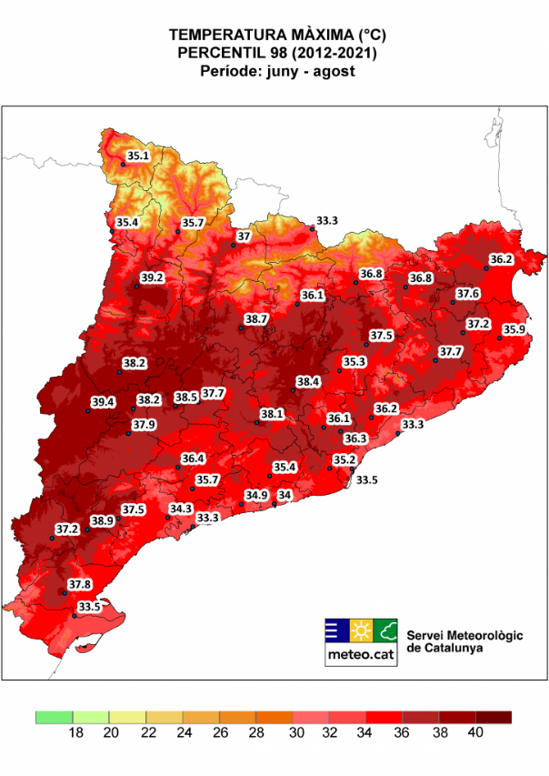 Mapa de Catalunya amb la representació del percentil 98 de temperatura màxima