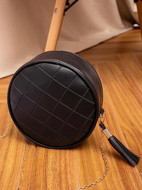 Rhombic Pattern Tassel Round Shoulder Bags
