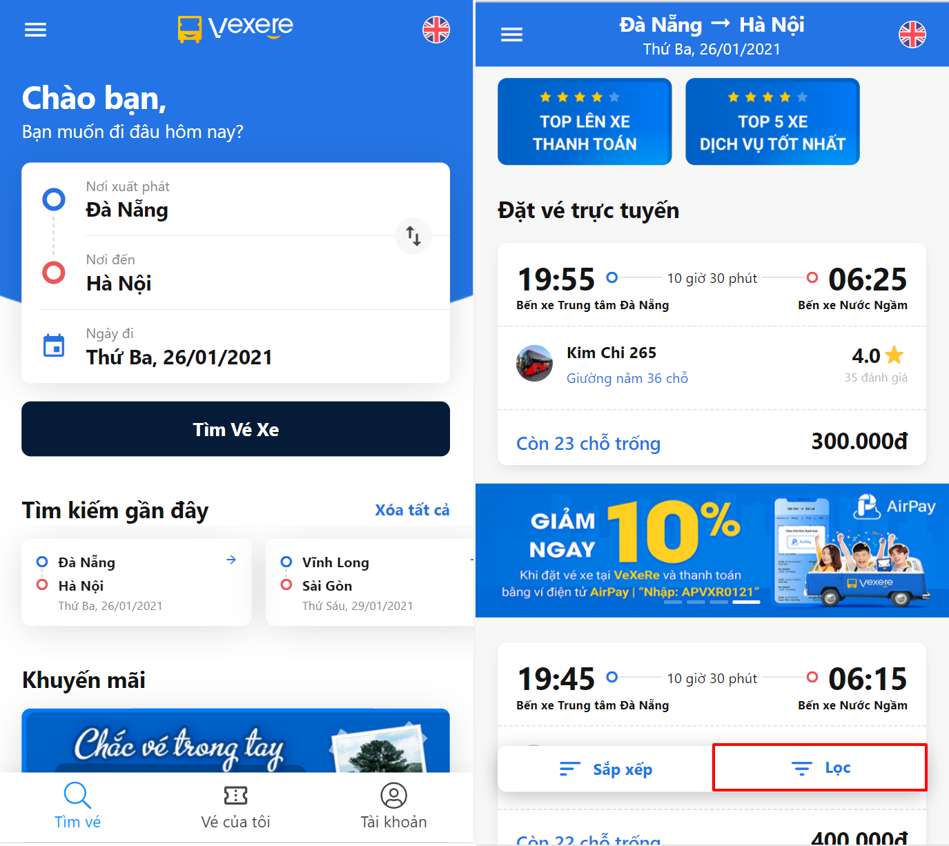 Chọn điểm đi/ điểm đến là Đà Nẵng - Hà Nội. Sau đó dùng bộ lọc chọn xe Dương Vũ.