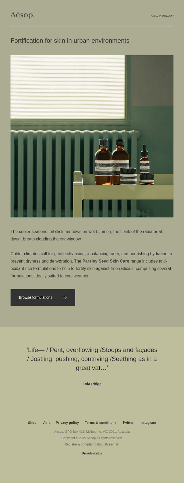 Aesop skincare product email highlighting urban skin protection
