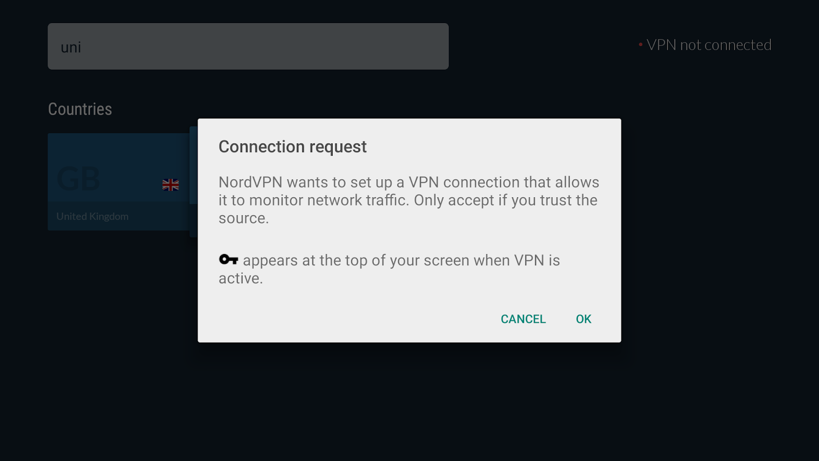 NordVPN connection request message on smart TV