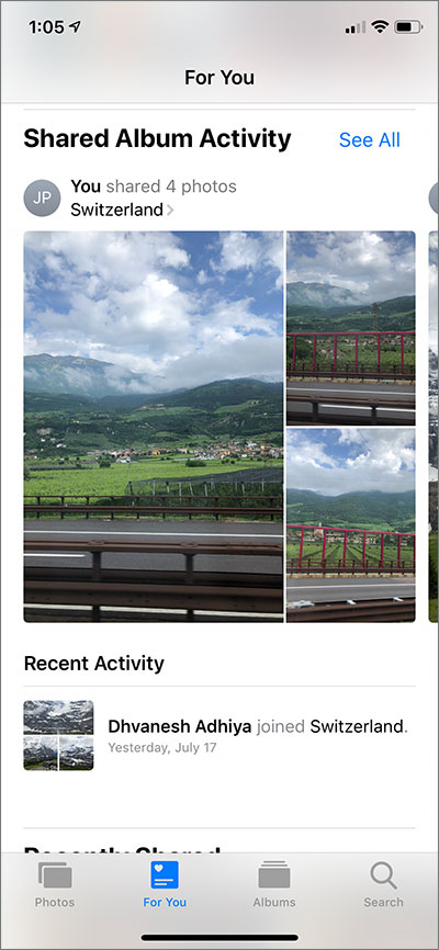 Shared Album Activity in iOS Photos App