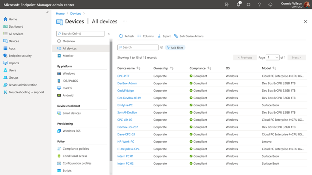 Screenshot showing Dev Boxes being managed along with other devices from Microsoft Endpoint Manager.