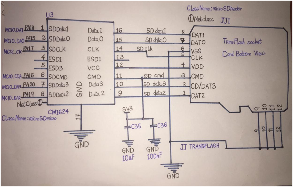 MicroSD Pinout: Circuit diagram showing a 4-bit transfer mode attachment from SDMMC outskirts and the SD card.
