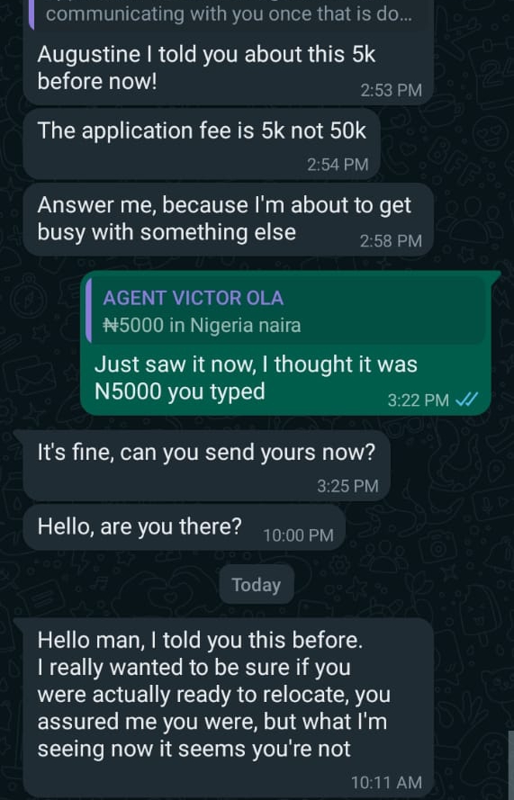 Scam receipts from Victor Ola's Impersonator Chat with a victim