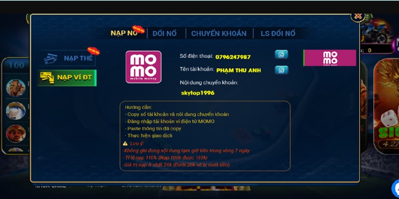 Nạp tiền bằng ví Momo tại Nohu Club