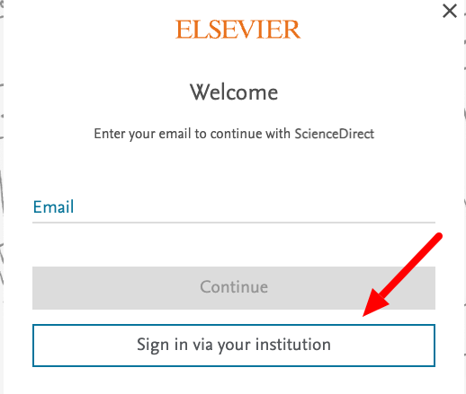 screenshot of elsevier sign in screen with arrow pointing to Sign in via your institution button.