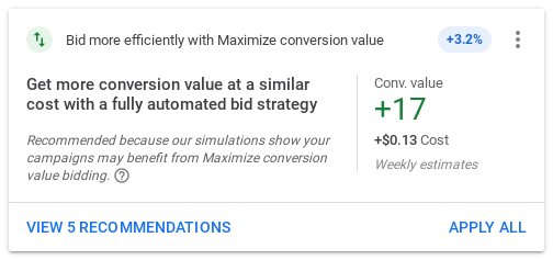 Képernyőkép a Konverziós érték maximalizálása ajánlattétel használatára vonatkozó példaajánlatról