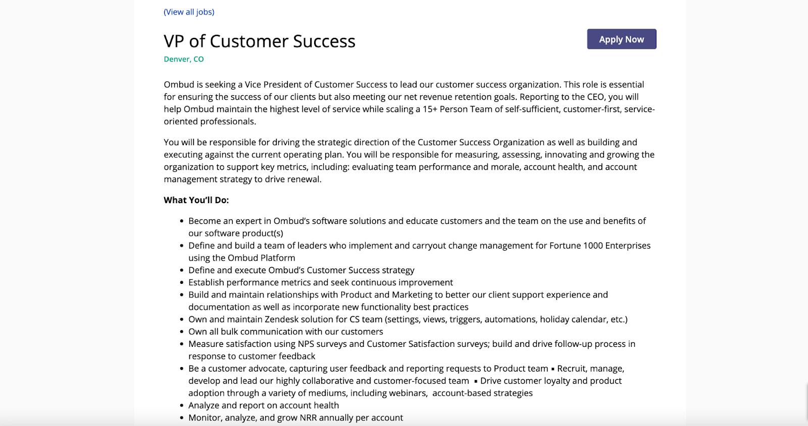 customer success in SaaS, VP of Customer Success job description at Ombud