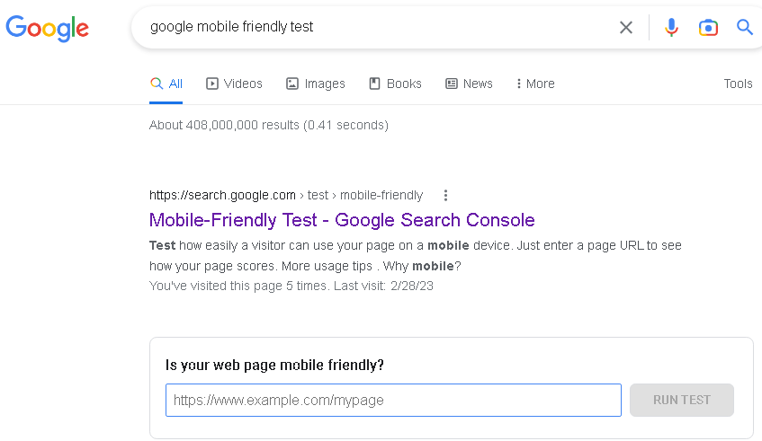 Google mobile friendly test in SERP results
