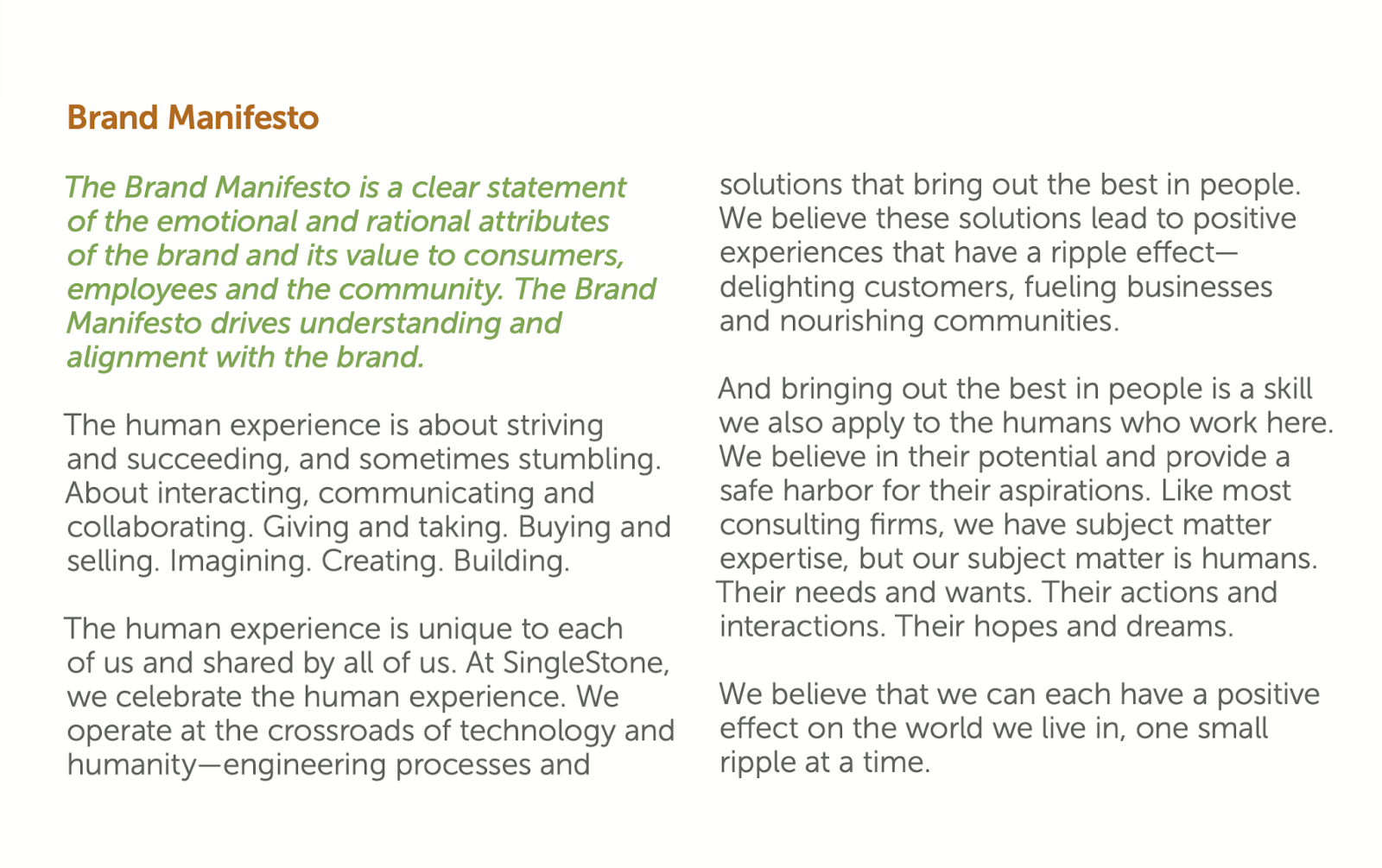 SingleStone Brand Manifesto Example