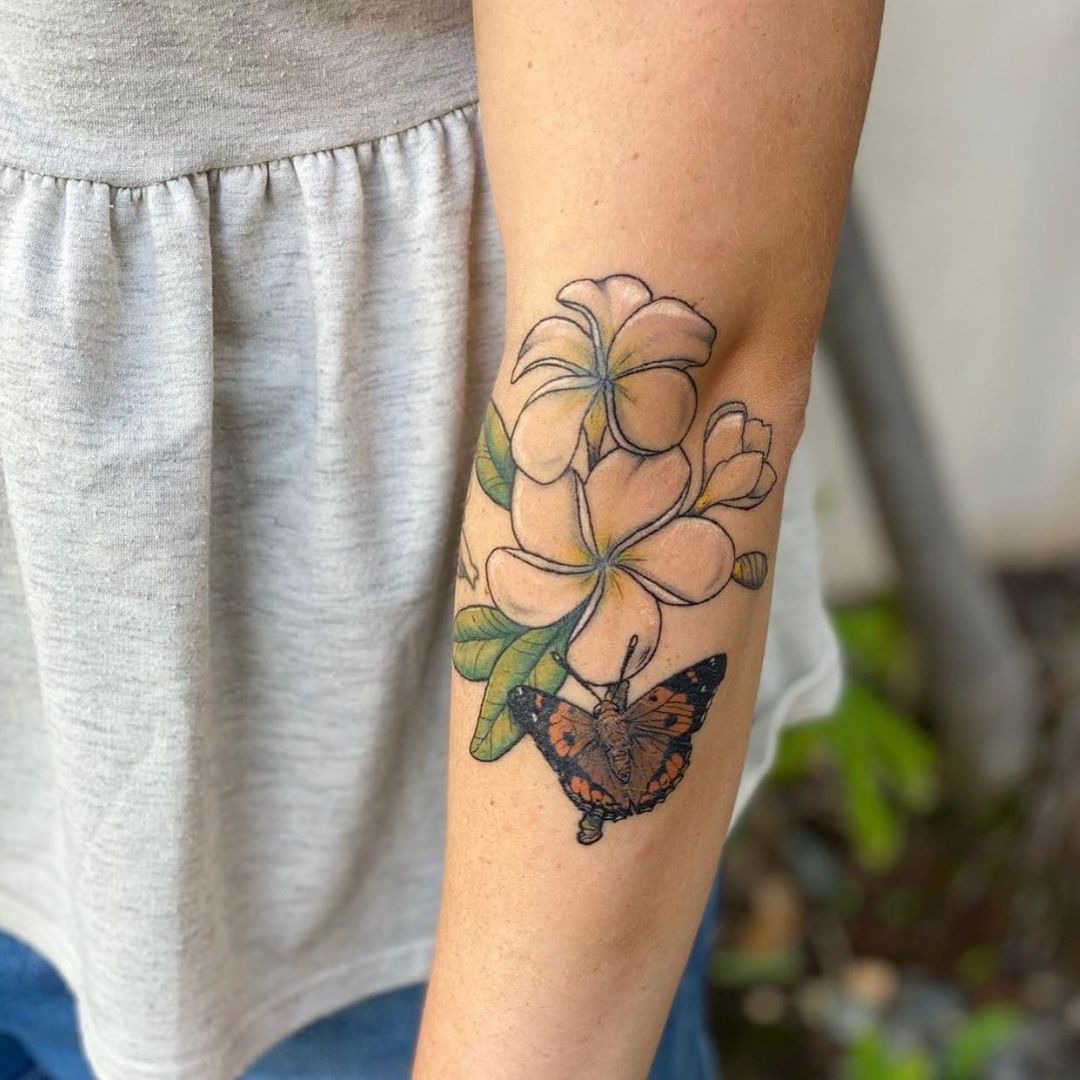Plumeria Tattoos White Flower With Butterfly Print
