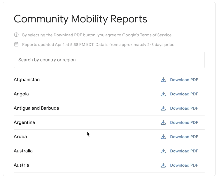 Animación de la búsqueda y descarga del informe de movilidad comunitaria de España.