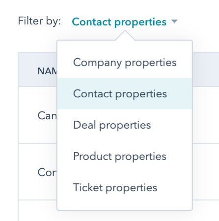 a dropdown menu for the five types of properties in HubSpot