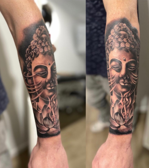 Dark Grey Buddha Tattoo Full Sleeve