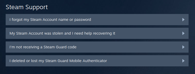 Screenshot of Steam support page for login