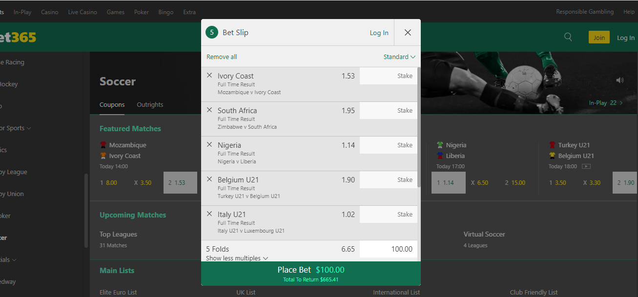 Bet365 football accumulator bets example screenshot