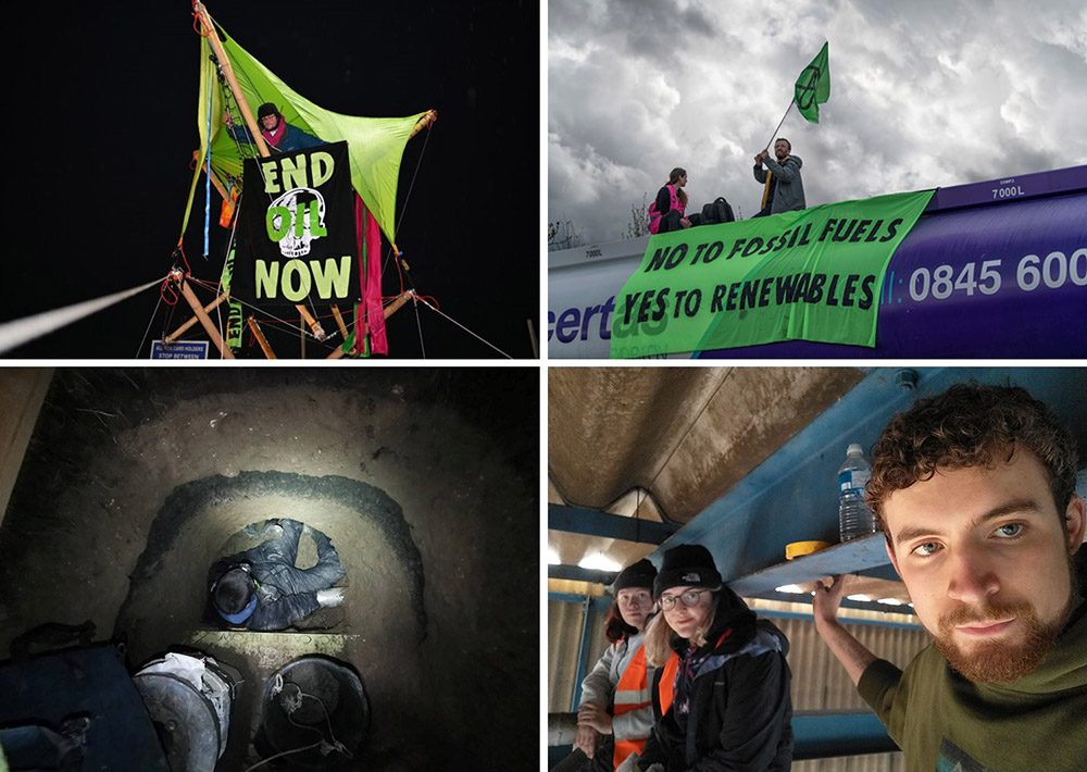 A montage showing rebels waving banners against moody skies, and young JSO activists going down small tunnels and holding onto roof girders
