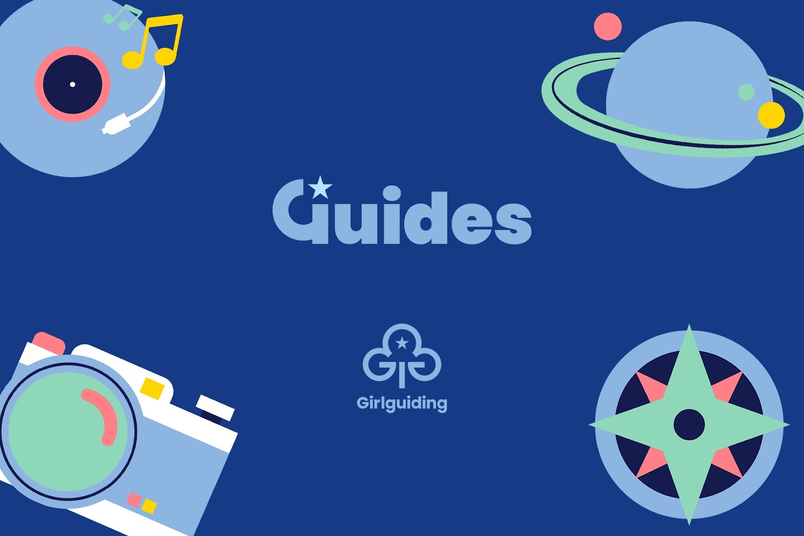 Graphic shows the new Guides branding, featuring a pale blue wordmark with a star attached to the 'G', on a dark blue background