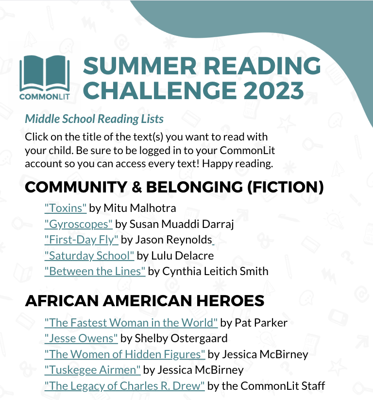 List of middle school text for Summer Reading Challenge 2023