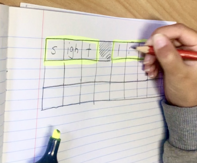 A child using a phoneme-grapheme mapping chart to segment words and learn spelling patterns.