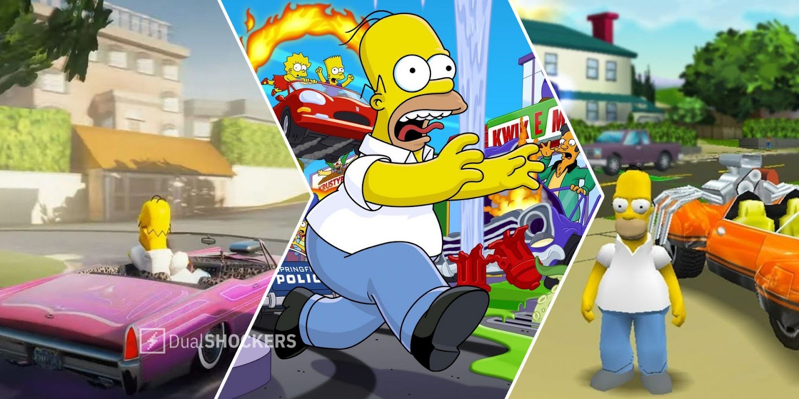 Simpsons Hit and Run Homer in car on left, Simpsons Hit and Run cover art in middle, Homer with a car on right