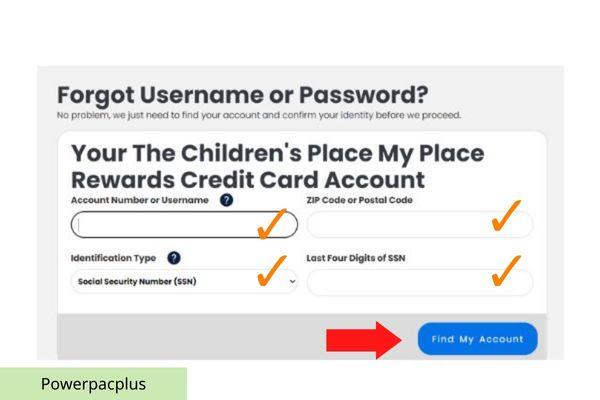 reset password of childrens place credit card