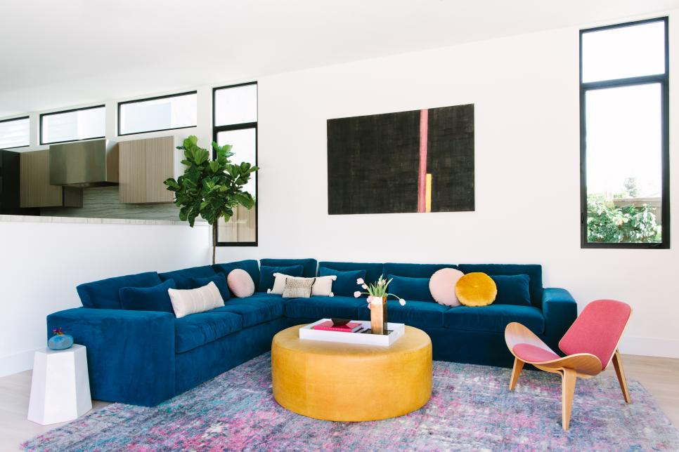 yellow, blue and pink living room