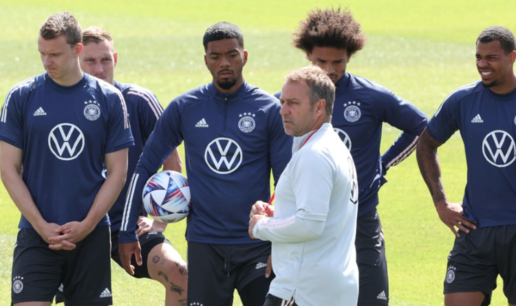 Flick communicates with national team players during training