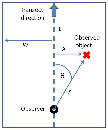 A diagram shows a dotted transect line, with a cardinal direction and transect length marked. The angle from the observer to an observed object, and the distance to the object are marked, so the perpendicular distance from the transect can be determined.