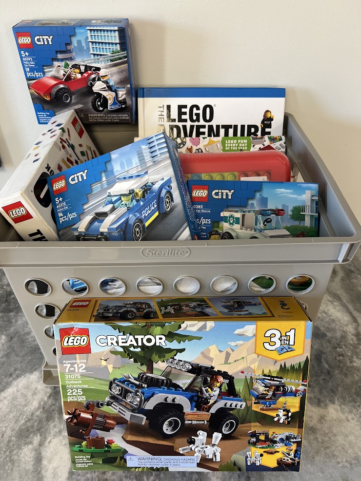 Lego Creator Outback Adventure, Lego City Vet Van Rescue, Lego City Police Car, Lego City Police Bike, My Brick Case Store and Stack Bricks, The Lego Book Collection, 365 Things To Do with Lego Bricks Book and The Lego Adventure Book
-Donated by The Thompson, Valeski and Downey Families