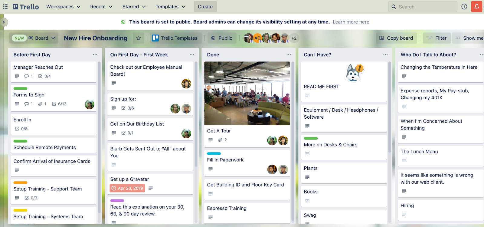 Screenshot of a New Hire Onboarding board template in Trello