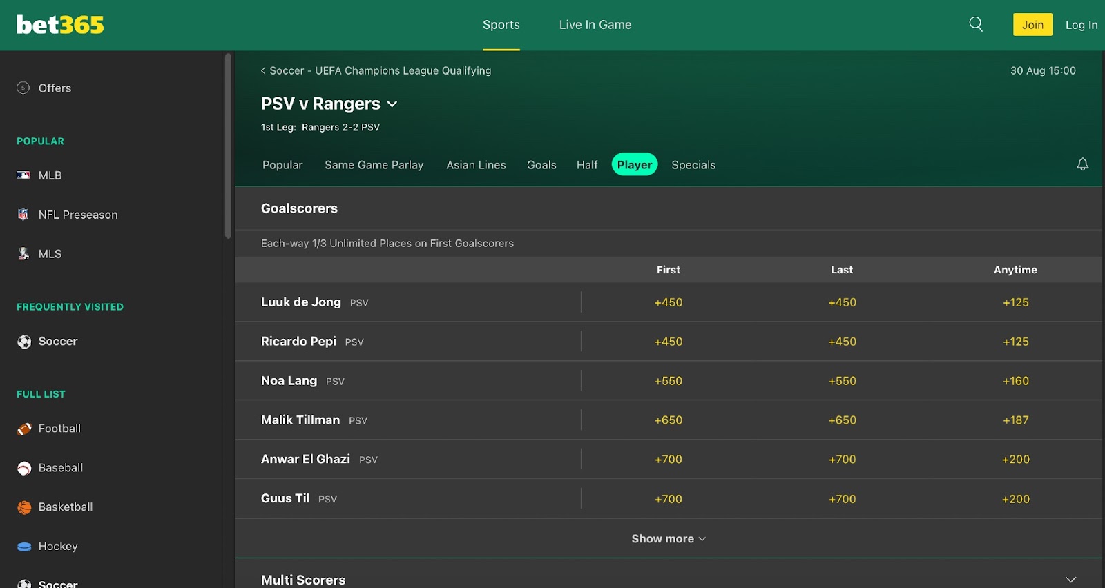 PSV v Rangers goalscorer props at bet365