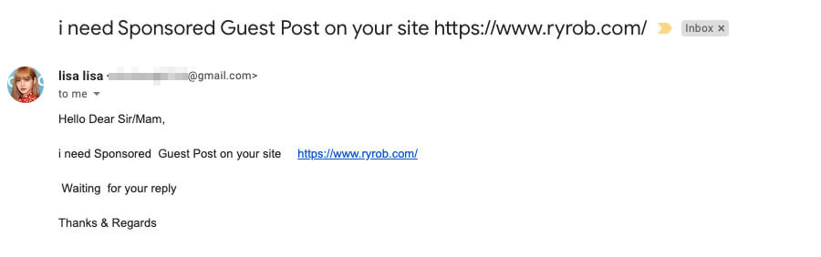 Screenshot of link building email that is poorly spelled and too short.