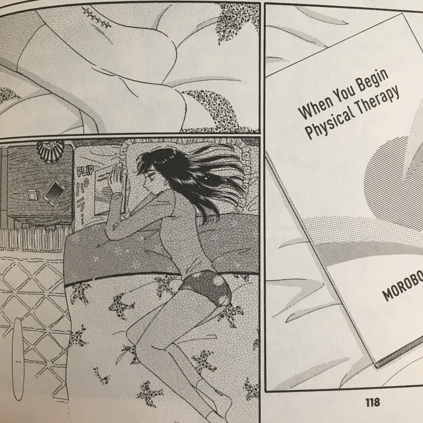 Akira lying in bed looking at a booklet called "When you begin physical therapy"