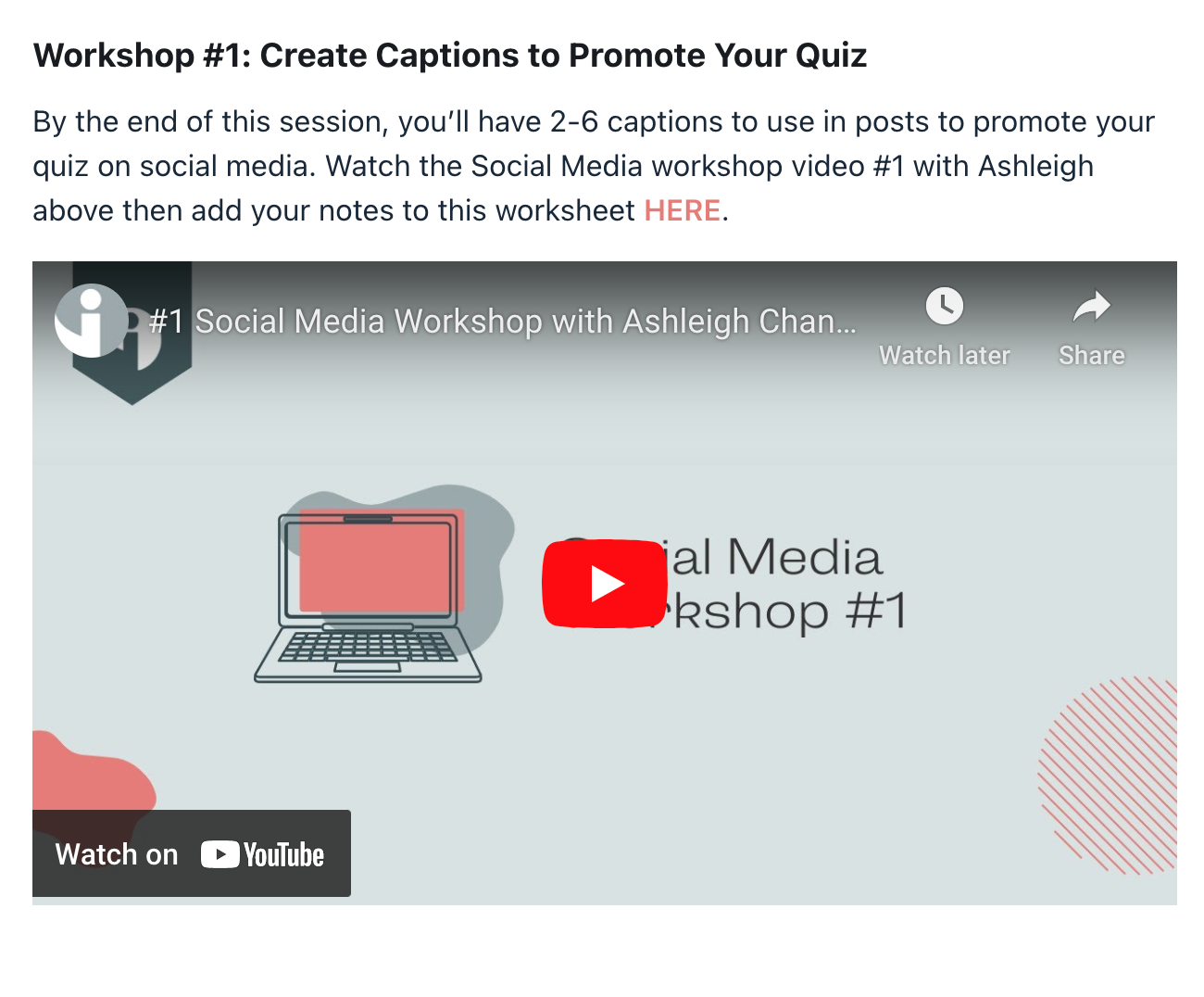 Screenshot of Workshop 1 create captions to promote your quiz