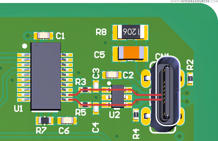 A part of a PCB with an ESD suppressor placed between a USB port and the FT231X UART.