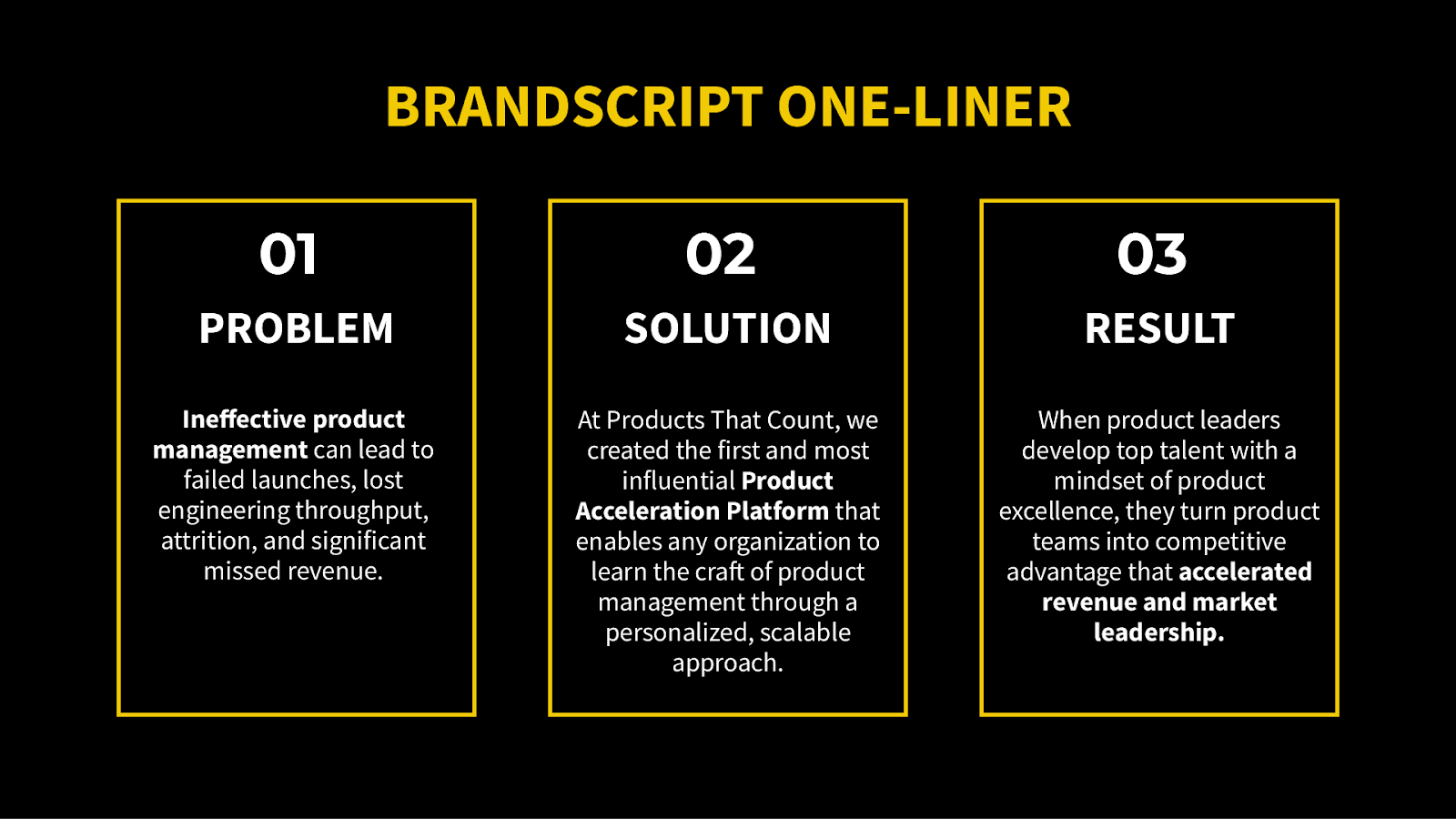 Example of a BrandScript one-liner for ineffective product management in a product strategy framework