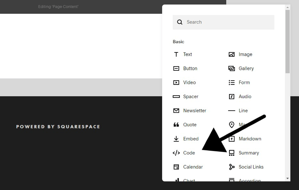 print screen of SquareSpace embed code option