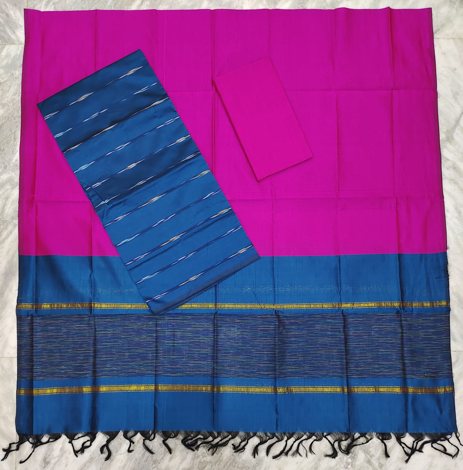 Mangalagiri Pattu Pochampalli Ekkat Design Top Dress Material Set