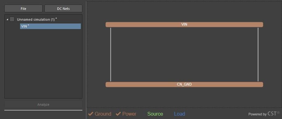 Altium PDN Analyzer containing one simulation with VIN and CN_GND voltage levels