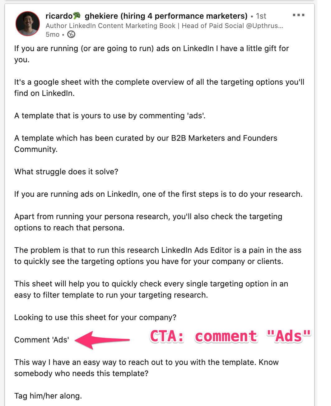 Example of a LinkedIn post that asks for engagement in return for content.