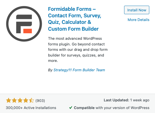 installing Formidable Forms in WordPress screenshot 