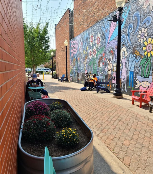 Downtown Ferndale with artistically painted mural, seating areas for visitors, and a small floral garden.